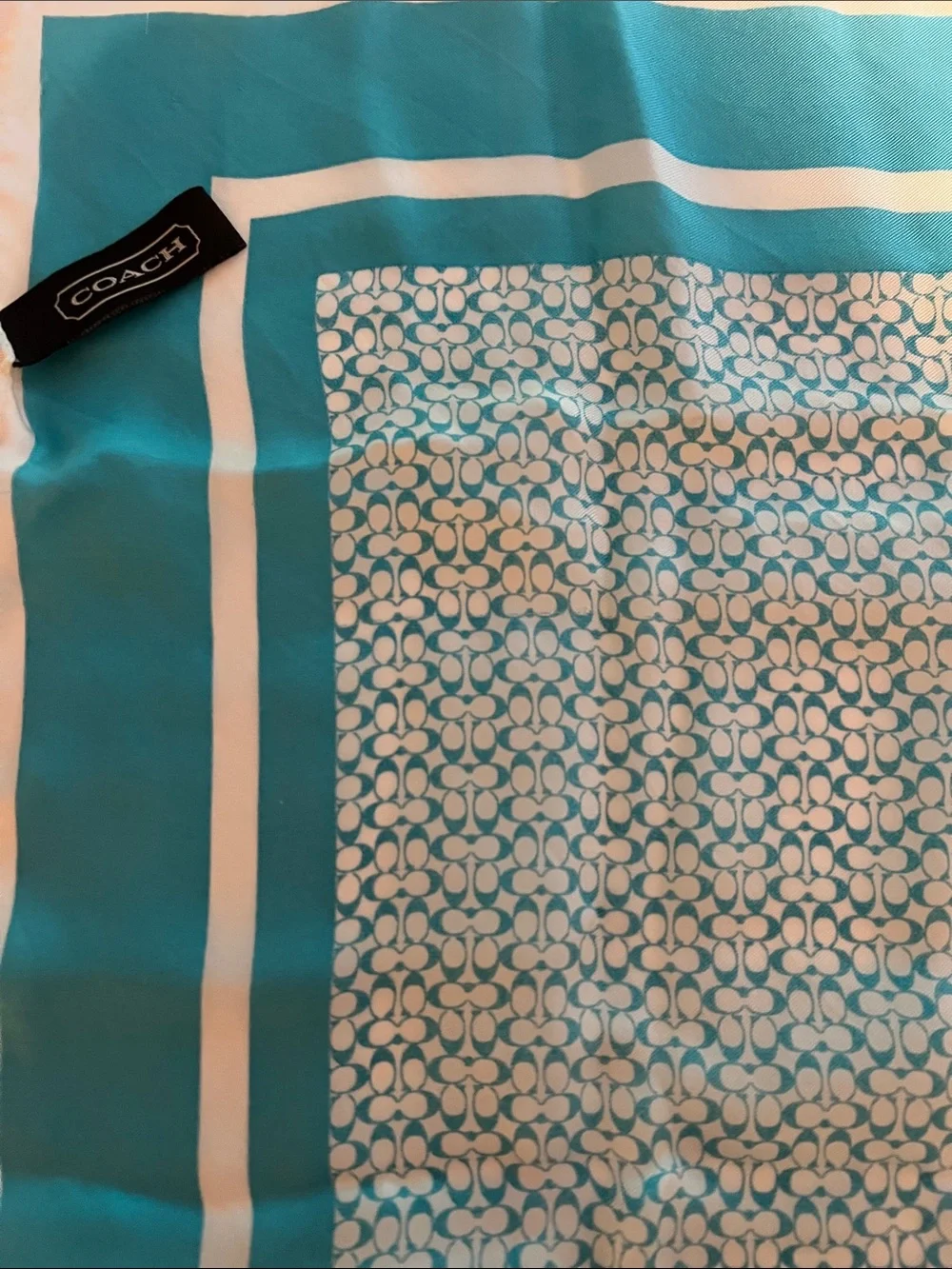 Coach SILK Teal and White Signature Square Scarf
